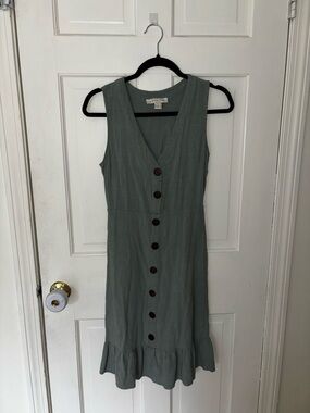 Monteau Sleeveless linen blend V-Neck Button-Front Sage Green Dress